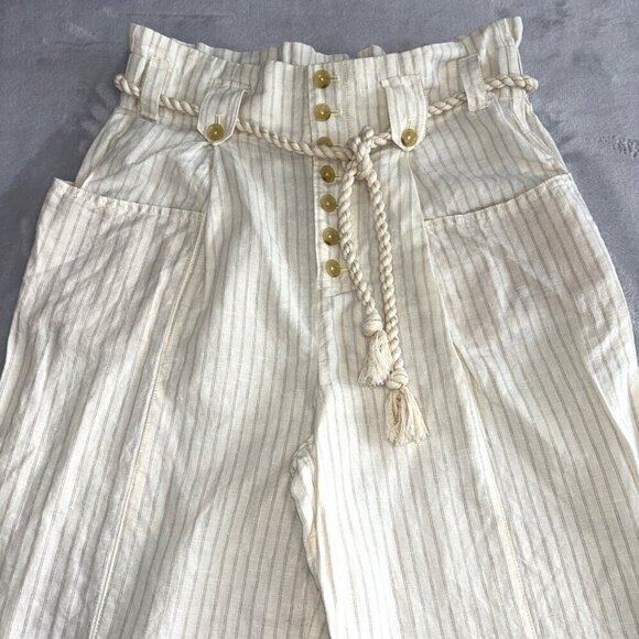 Maeve Anthropologie Cream Wide Leg Paper Bag linen Blend Pants Rope Belt Size 10 - Picture 4 of 12